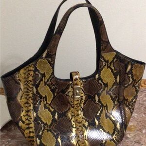Brown, Gold, Black Snakeskin Leather Brahmin Carla Tote